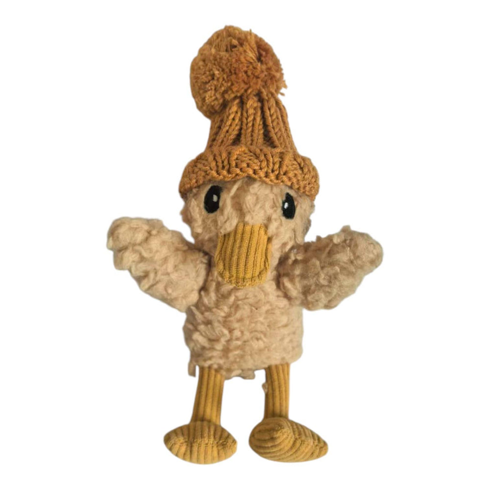 Mini Petunia duck plush in beige teddy fabric with a mustard knitted pom-pom beanie, front view
