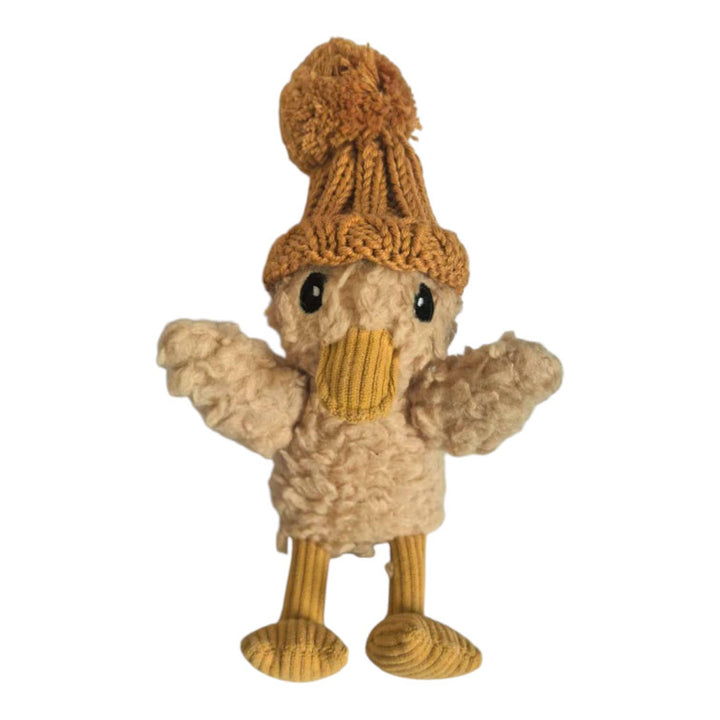 Mini Petunia duck plush in beige teddy fabric with a mustard knitted pom-pom beanie, front view