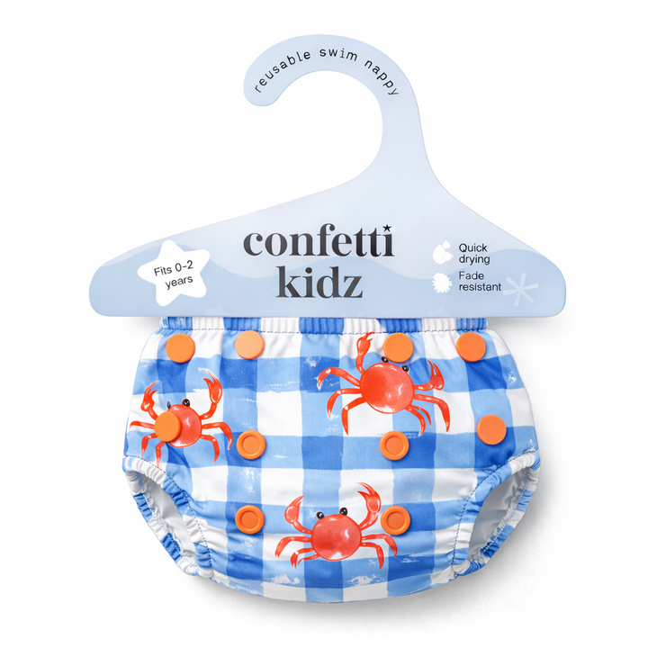Confetti Kidz Reusable Swim Nappy in Crabby Club, in its packaging