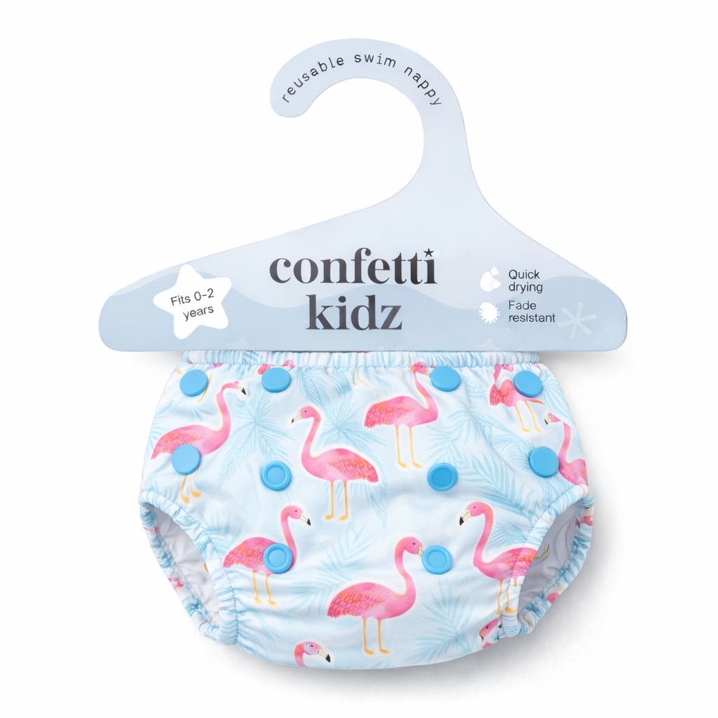 Confetti Kidz Reusable Swim Nappy in Flamingo Bay, in its packaging