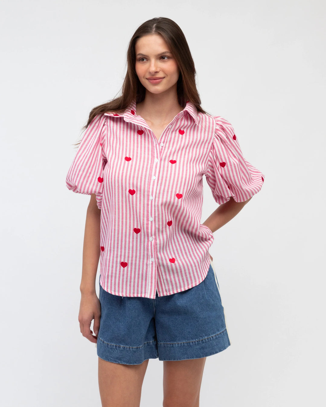 Label of Love Short Sleeve Heart Embroidery Shirt - Pink Stripe - photo 1 of 4