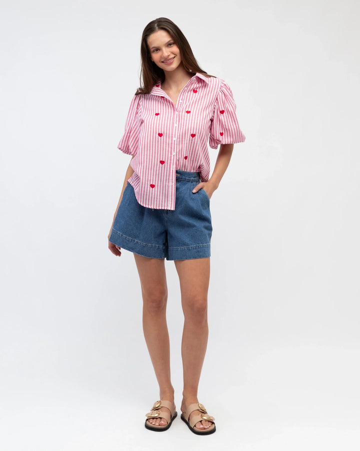 Label of Love Short Sleeve Heart Embroidery Shirt - Pink Stripe - photo 4 of 4