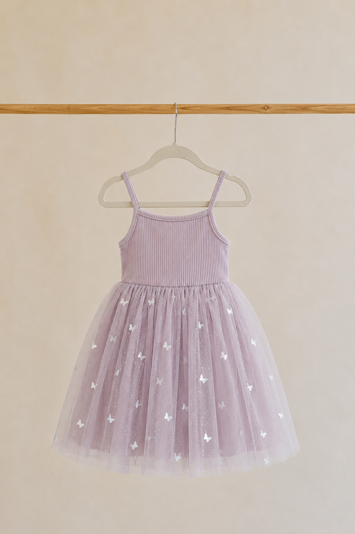 Confetti Kidz Ribbed Tulle Dress in Mauve Butterflies, mauve ribbed bodice with shimmering butterfly overlays over a full tulle skirt, shown on its own