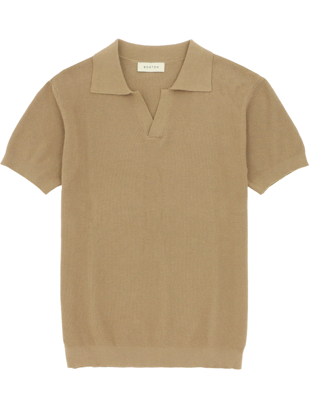 Boston Clothing Cotton Blend Knit Polo in Camel, flat lay front view showing the open collar and textured knit