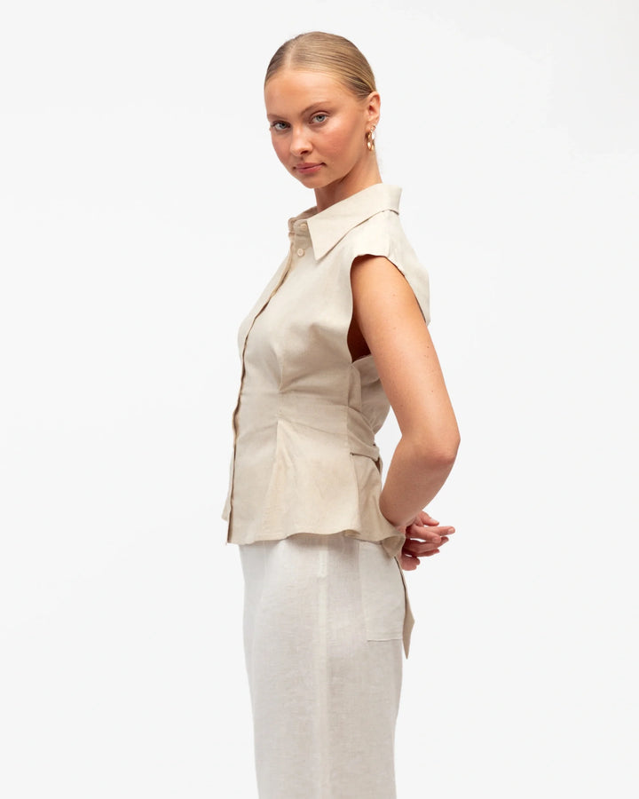 White Closet Linen Collared Top - Oatmeal - photo 3 of 4