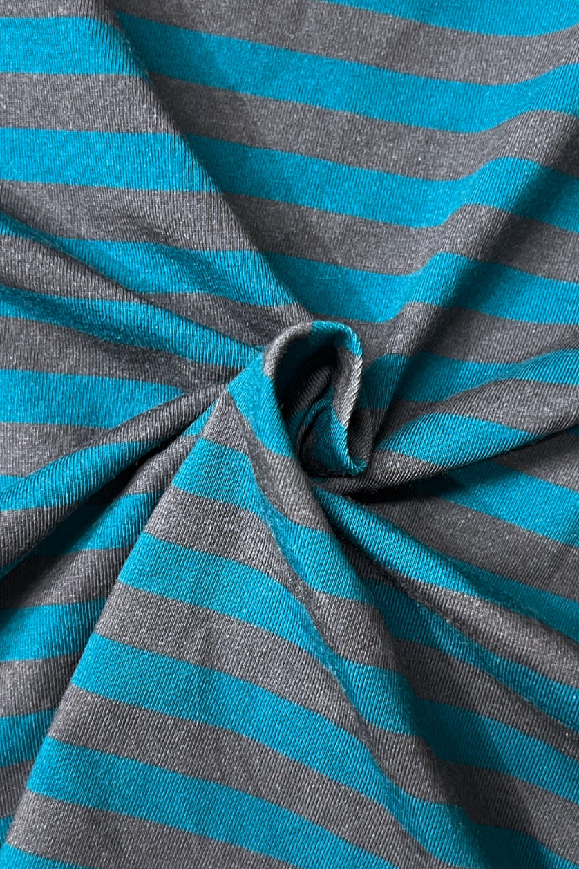 Poss &amp; Soss Ratbag oversized kids tee, blue and grey marle stripes with maroon neck rib, detail