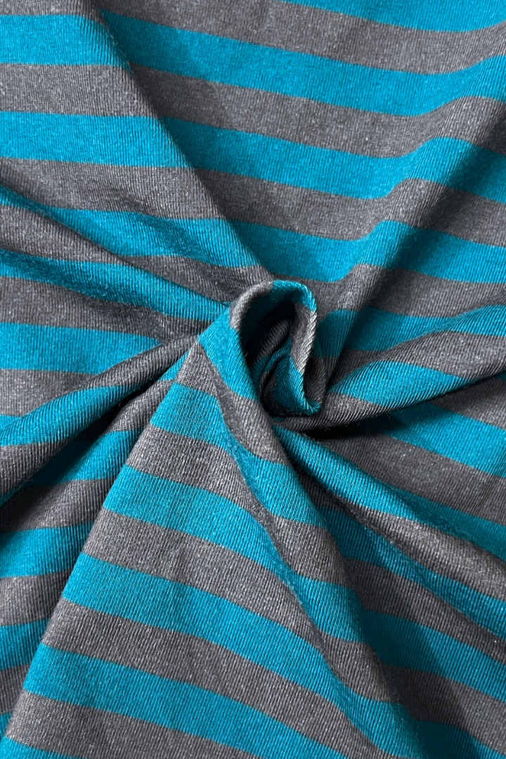 Poss &amp; Soss Ratbag oversized kids tee, blue and grey marle stripes with maroon neck rib, detail