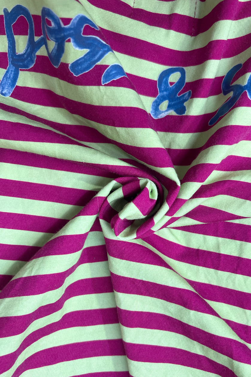 Poss &amp; Soss Silly Billy oversized kids tee, magenta and lime green stripes, detail