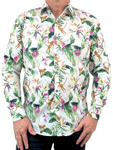 Jimmy Stuart - George Shirt Cotton LS -  White Tropical Print (abstract)