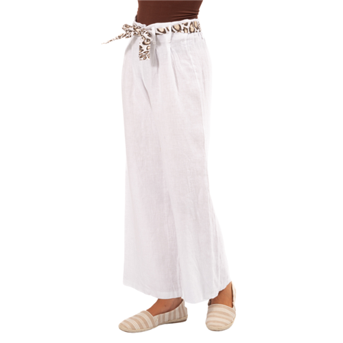 Vera May - Italian Linen Pants- Leopard Belt -White