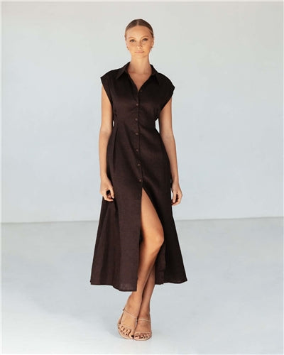 White Closet - Collared Linen Dress - Chocolate