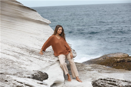 Carbon The Label - Estelle Hessian 3/4 V Neck Top - Tanzine