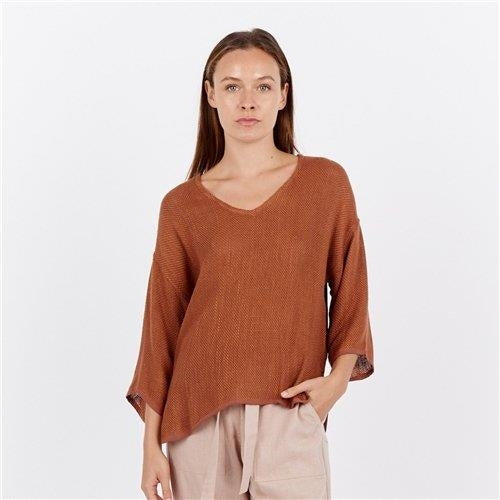 Carbon The Label - Estelle Hessian 3/4 V Neck Top - Tanzine
