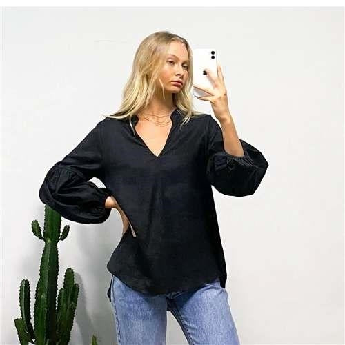 White Closet - V-Neck Long Sleeve - Elastic Cuff - Black