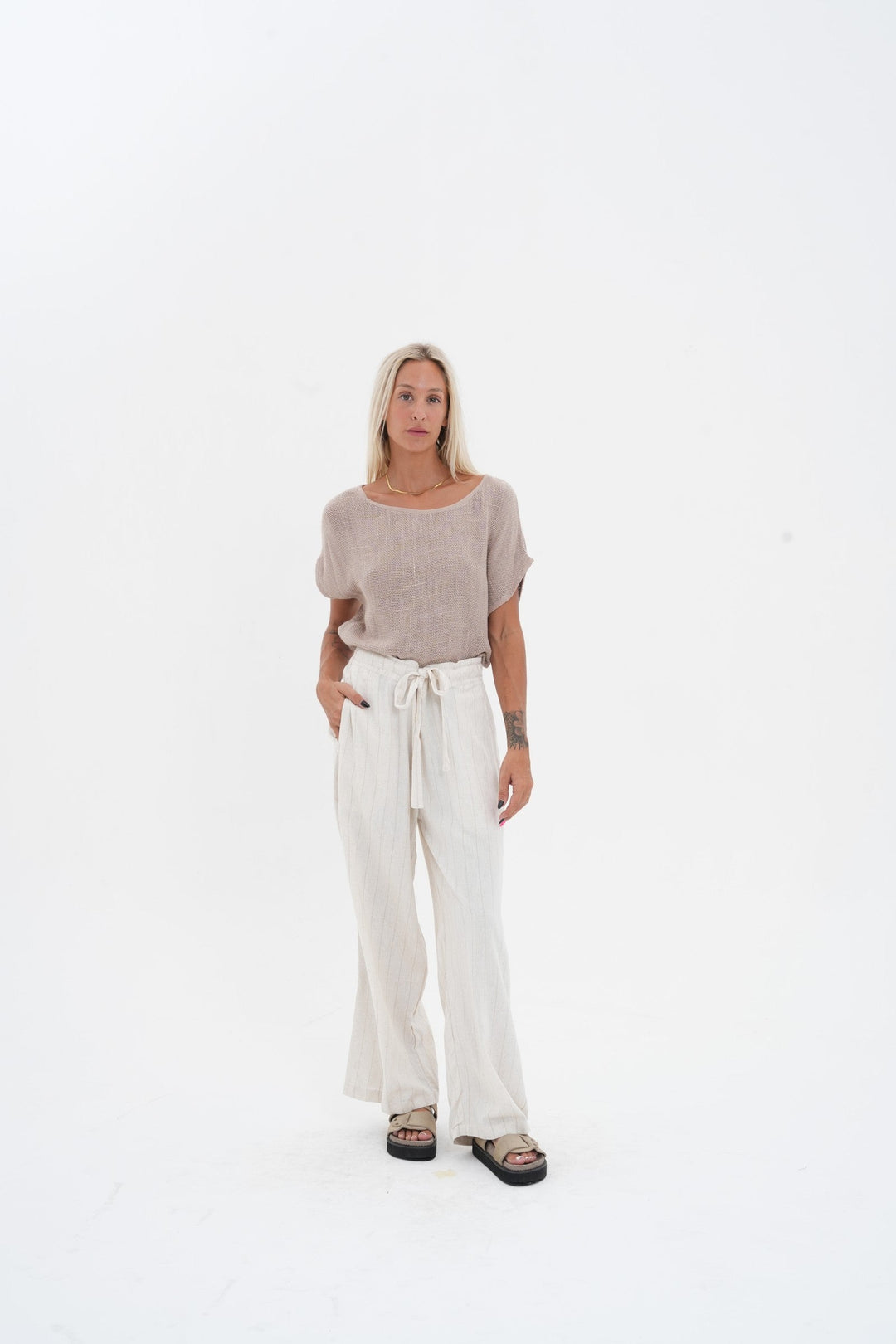 Carbon Aleesia Linen Stripe Pant - Natural