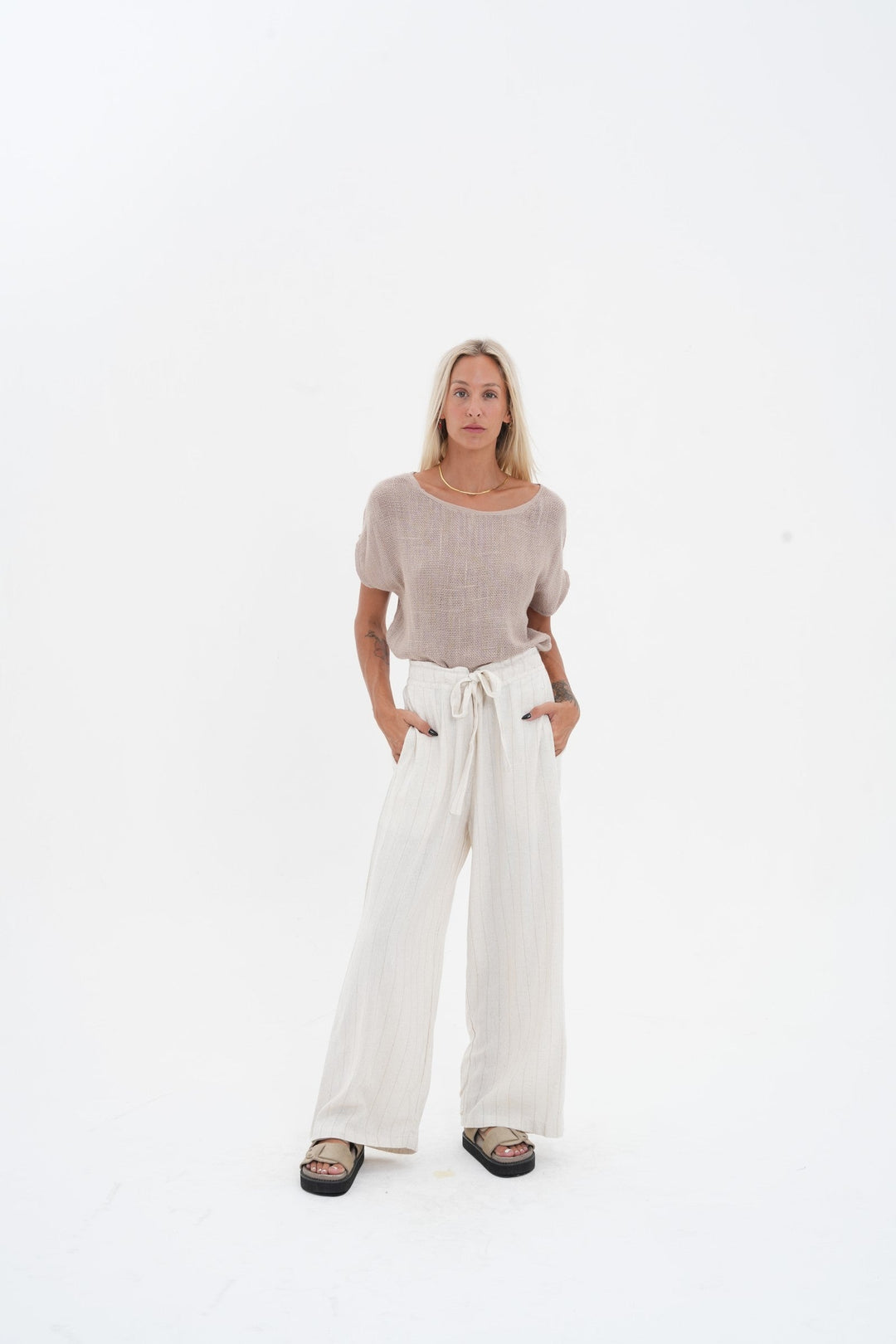 Carbon Aleesia Linen Stripe Pant - Natural