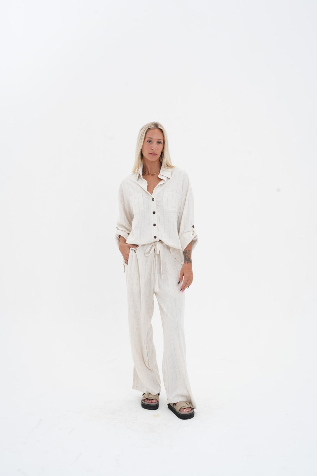 Carbon Aleesia Linen Stripe Pant - Natural