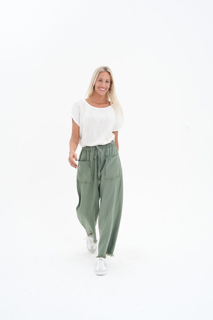 Carbon The Label - Joshua Frayed Linen Pant - Sealeaf Green