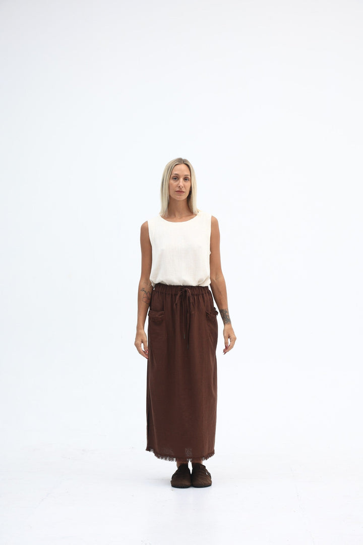 Carbon The Label - Joshua Linen Frayed Midi Skirt - Truffle