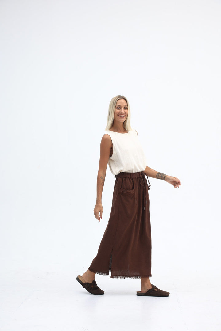 Carbon The Label - Joshua Linen Frayed Midi Skirt - Truffle