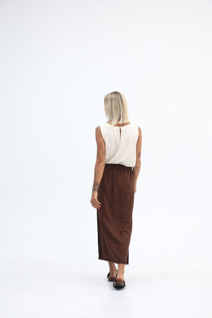 Carbon The Label - Joshua Linen Frayed Midi Skirt - Truffle