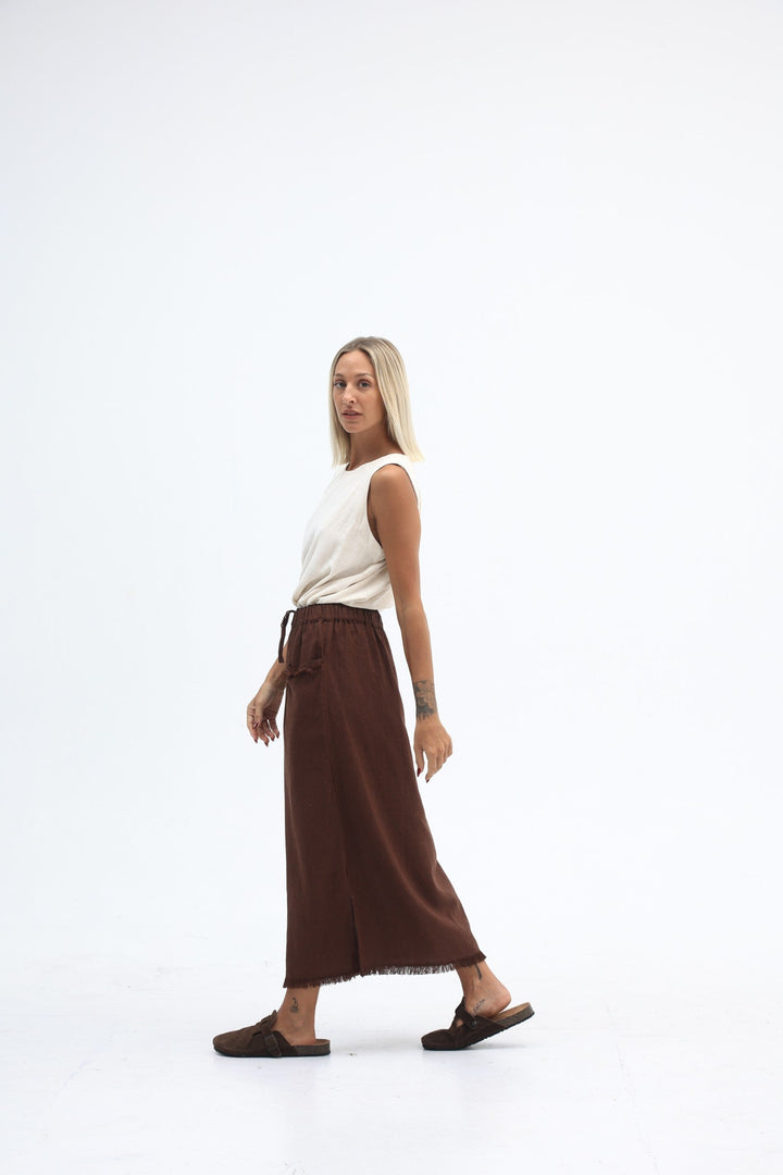 Carbon The Label - Joshua Linen Frayed Midi Skirt - Truffle