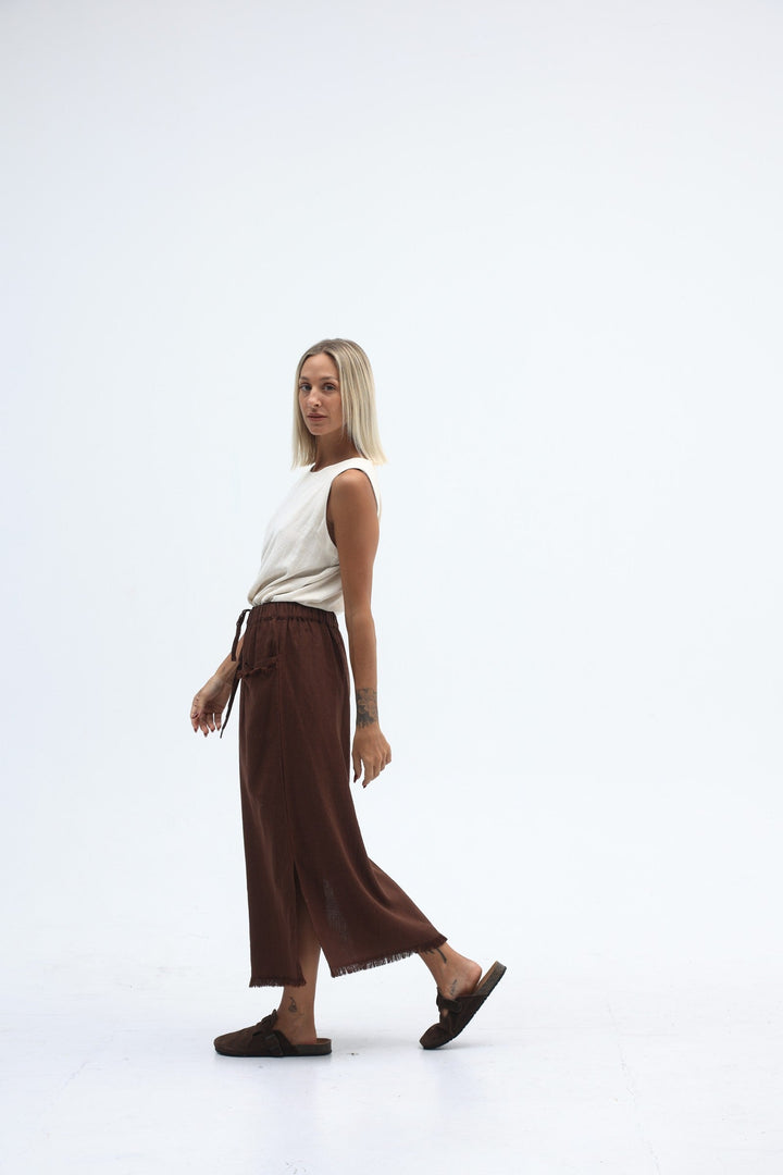 Carbon The Label - Joshua Linen Frayed Midi Skirt - Truffle