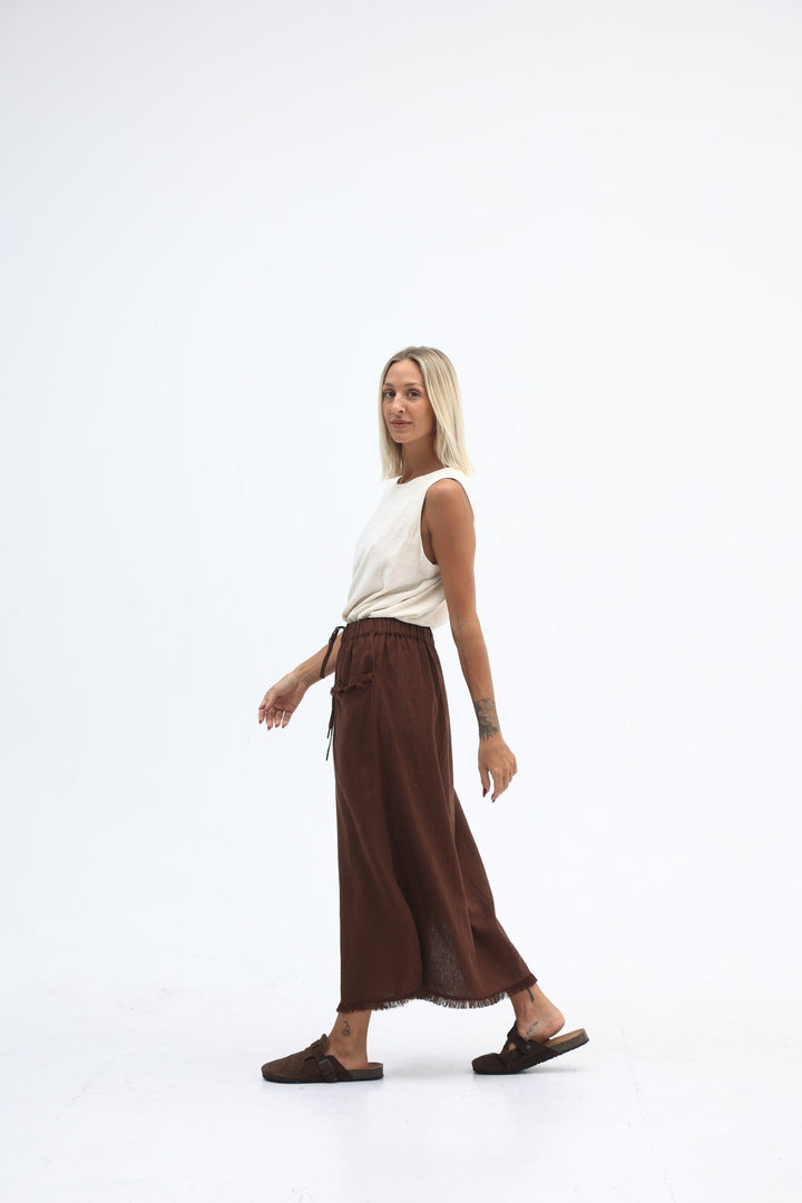 Carbon The Label - Joshua Linen Frayed Midi Skirt - Truffle