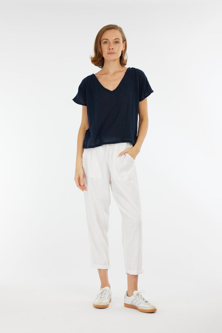 Carbon Venus Ramie V Neck Top - Navy