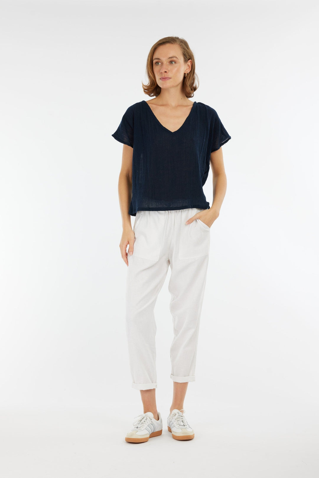 Carbon Venus Ramie V Neck Top - Navy