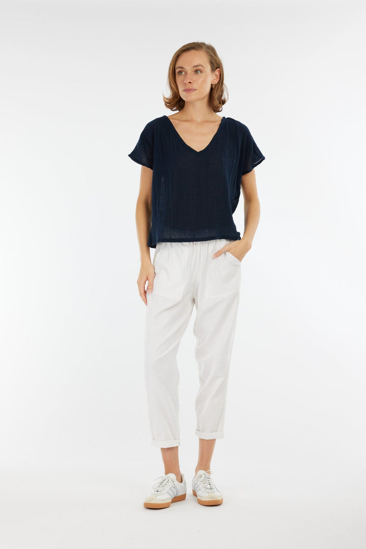 Carbon Venus Ramie V Neck Top - Navy