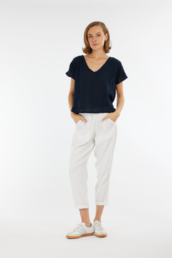 Carbon Venus Ramie V Neck Top - Navy