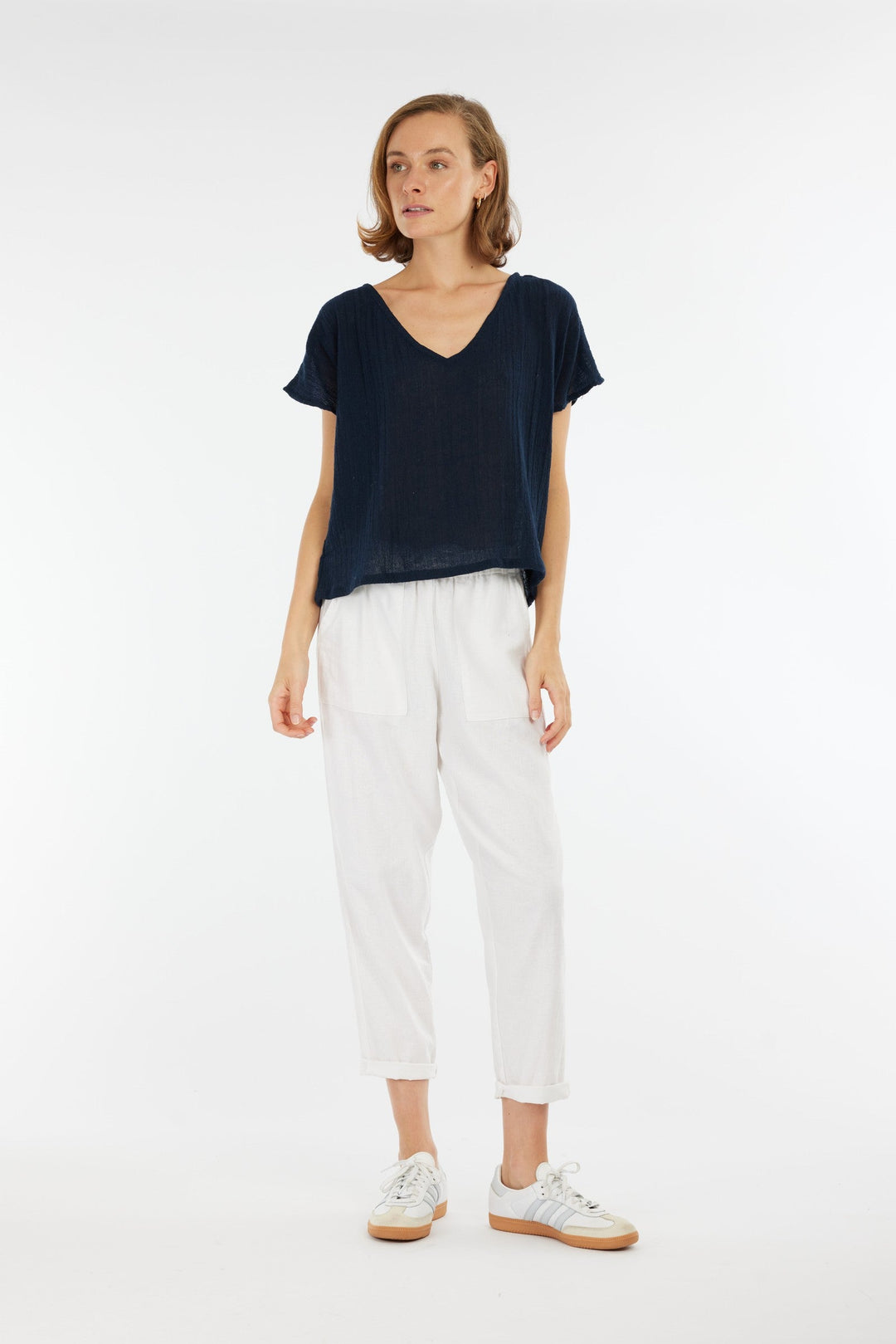 Carbon Venus Ramie V Neck Top - Navy