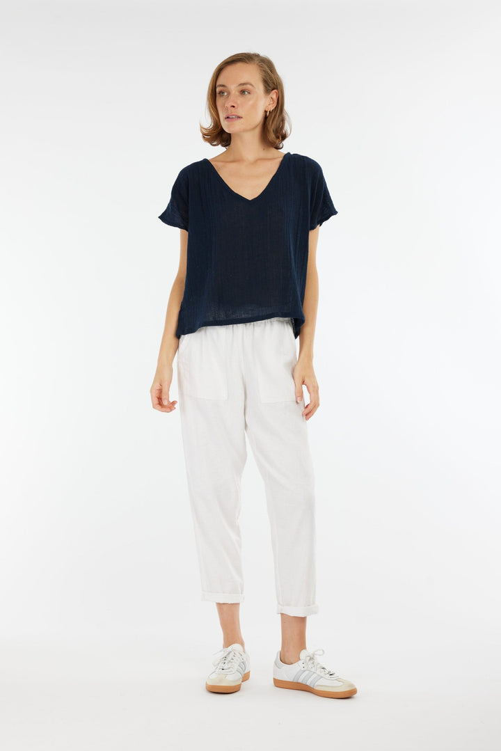Carbon Venus Ramie V Neck Top - Navy