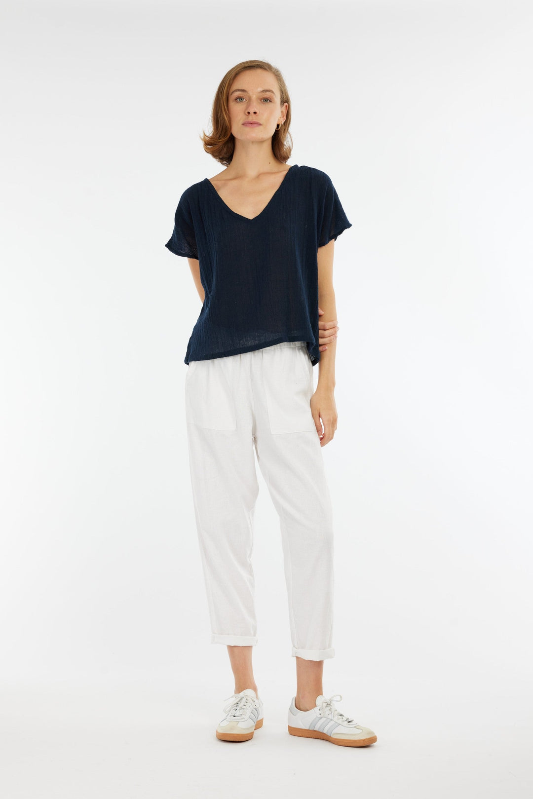 Carbon Venus Ramie V Neck Top - Navy