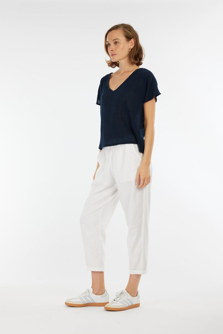 Carbon Venus Ramie V Neck Top - Navy