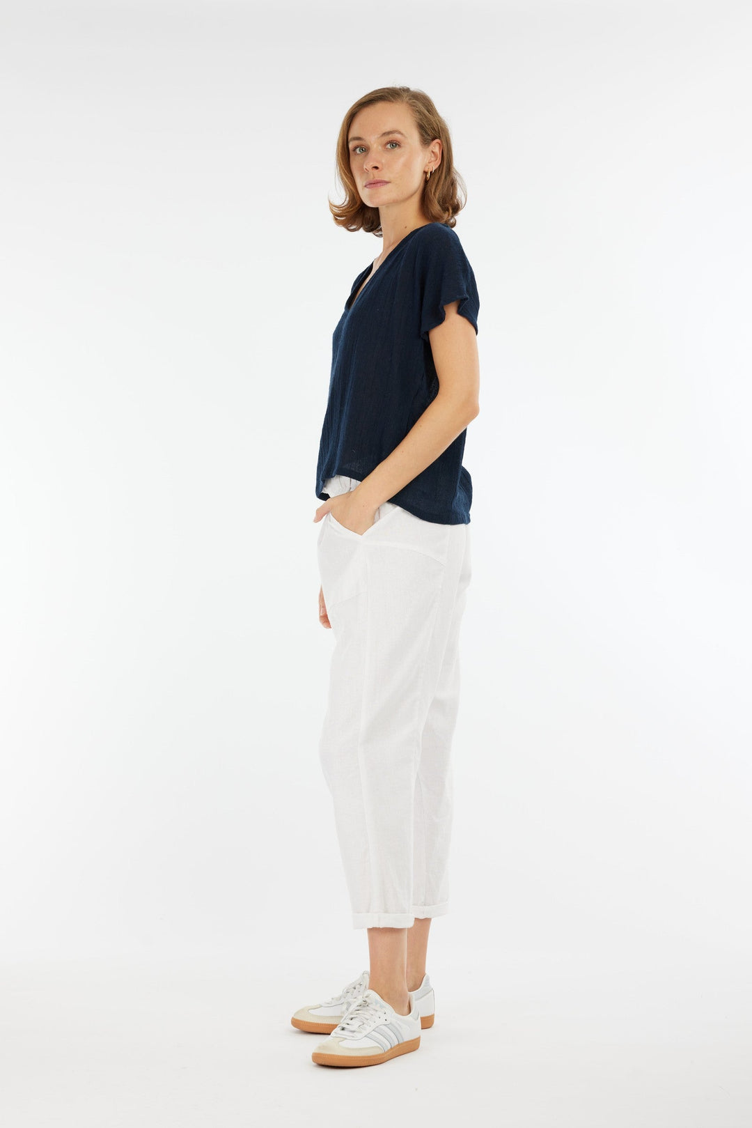 Carbon Venus Ramie V Neck Top - Navy