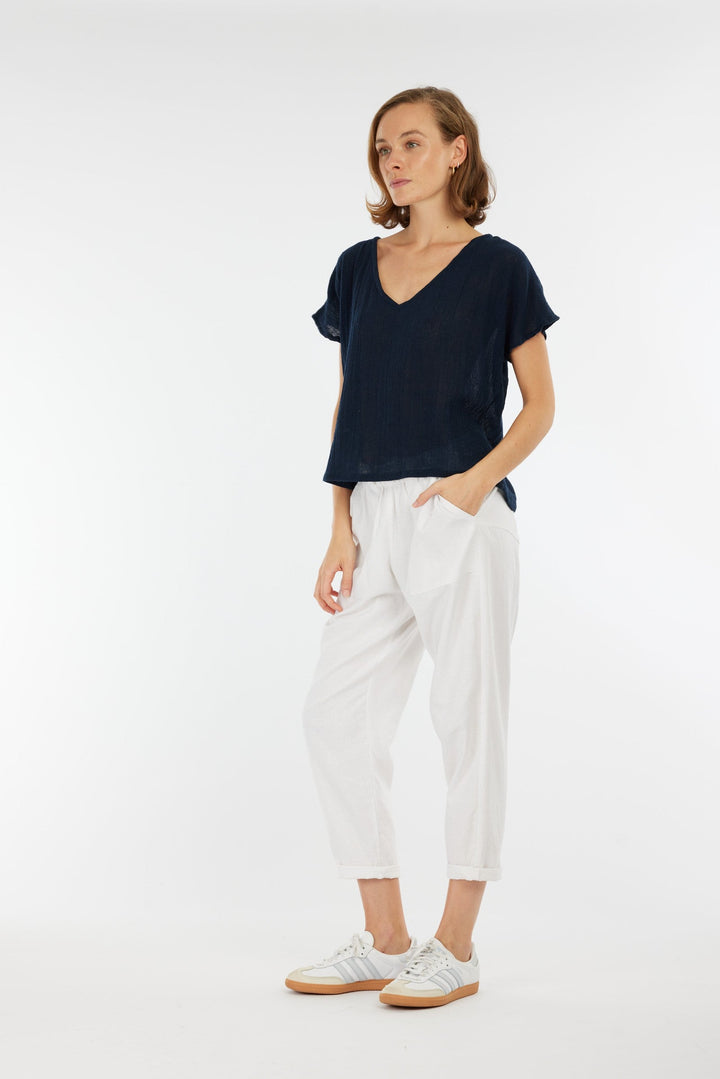 Carbon Venus Ramie V Neck Top - Navy