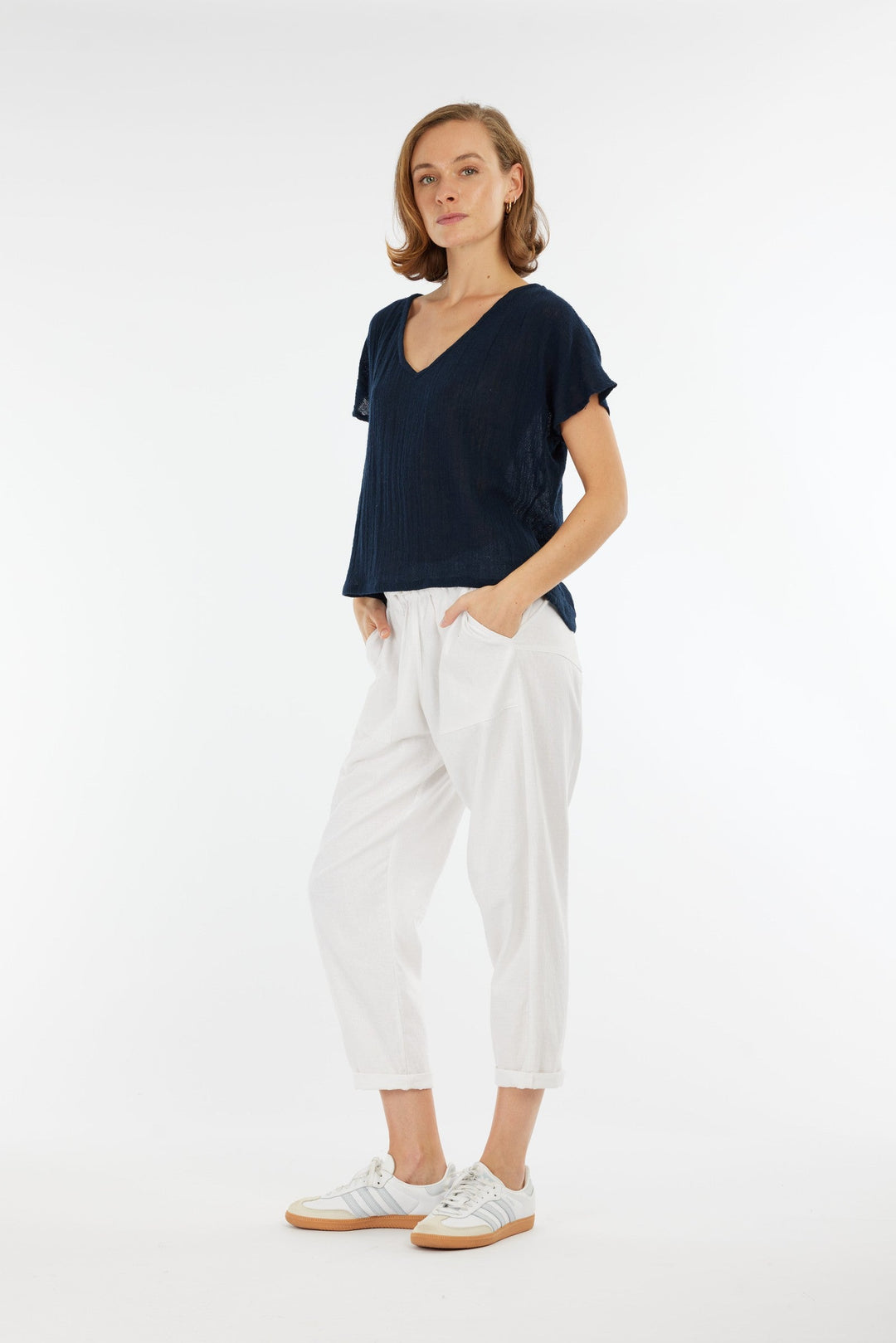 Carbon Venus Ramie V Neck Top - Navy