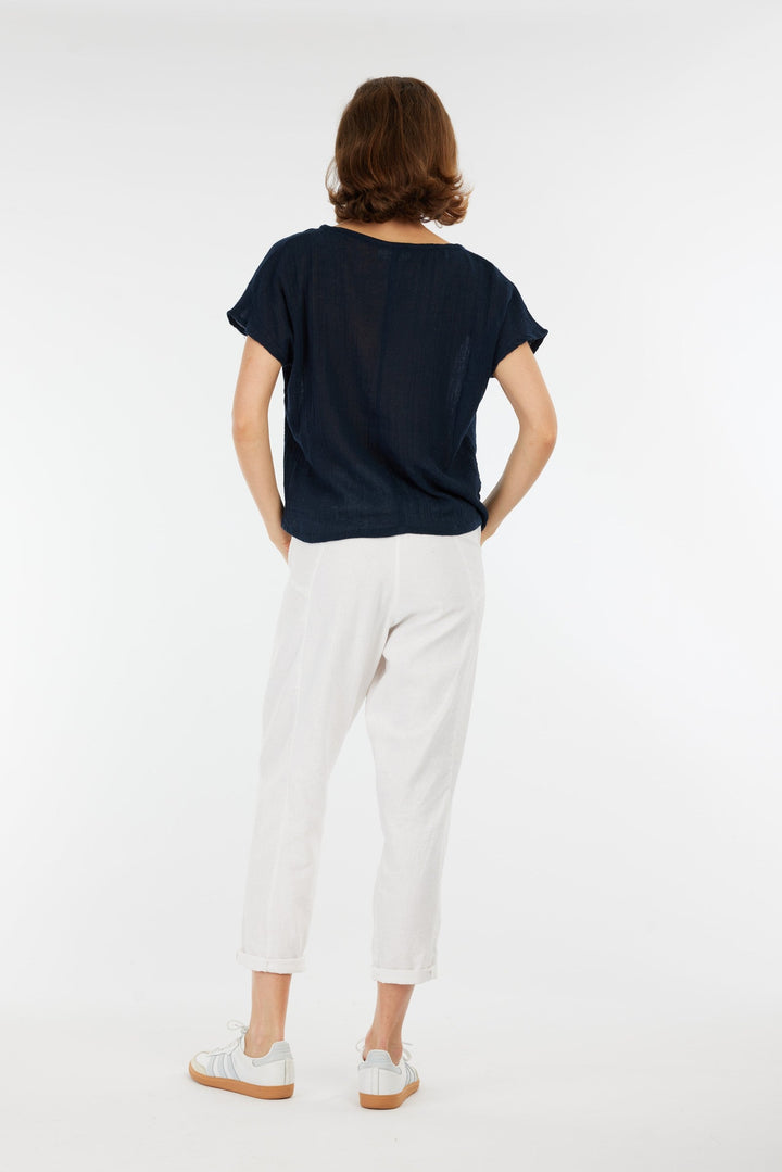 Carbon Venus Ramie V Neck Top - Navy