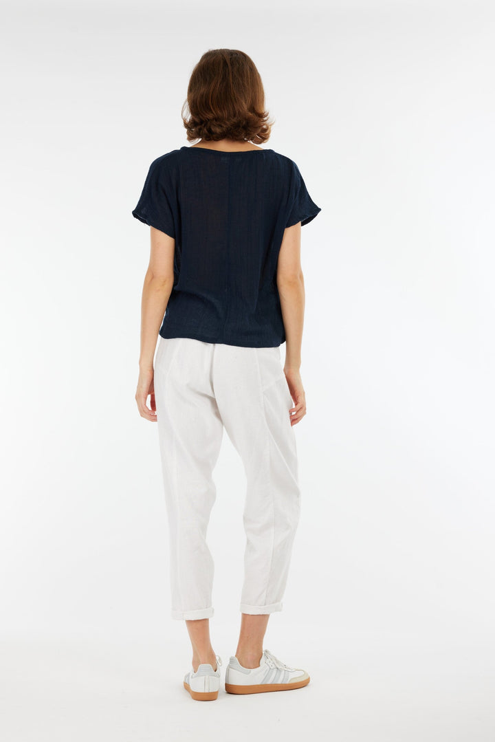 Carbon Venus Ramie V Neck Top - Navy