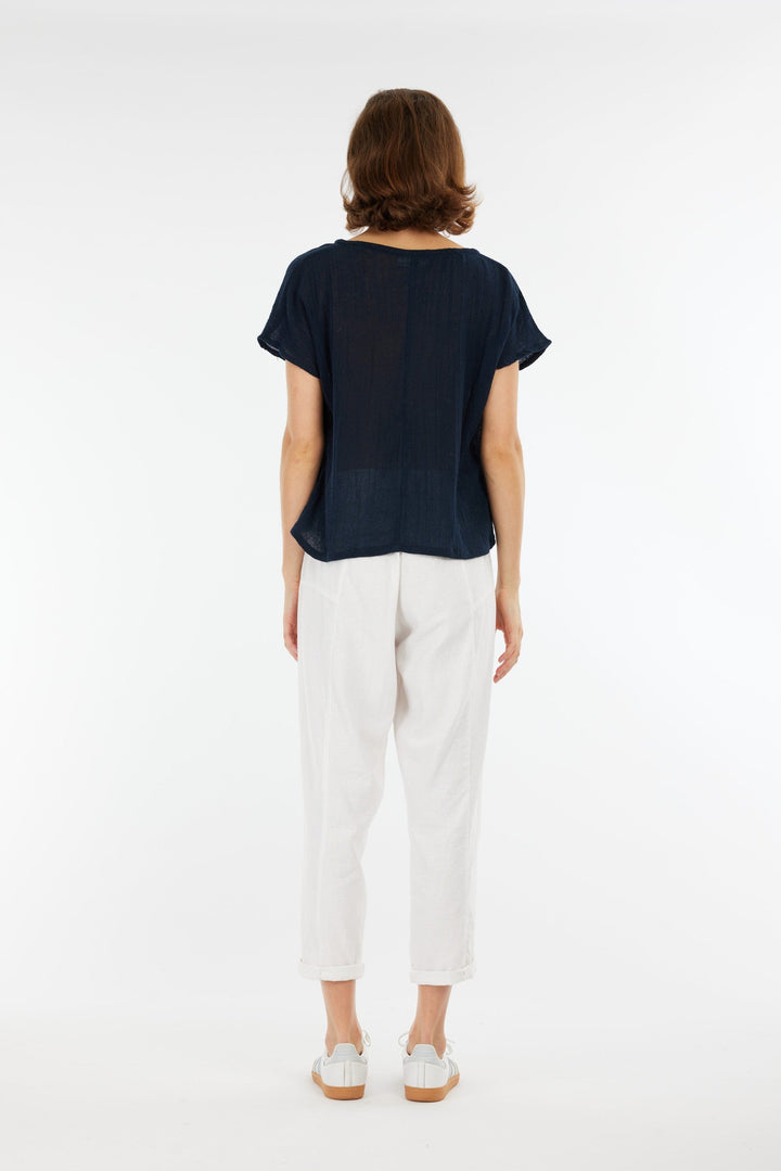 Carbon Venus Ramie V Neck Top - Navy