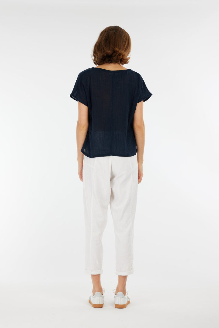 Carbon Venus Ramie V Neck Top - Navy