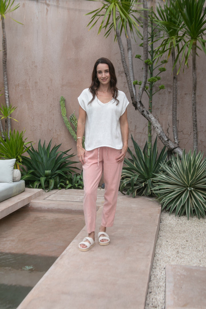Carbon Paris Hessian V Neck S/S Top - Nat/White