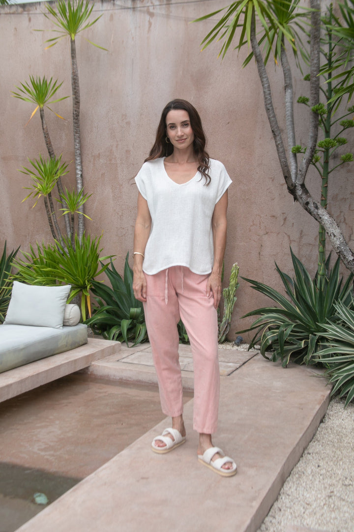 Carbon Paris Hessian V Neck S/S Top - Nat/White