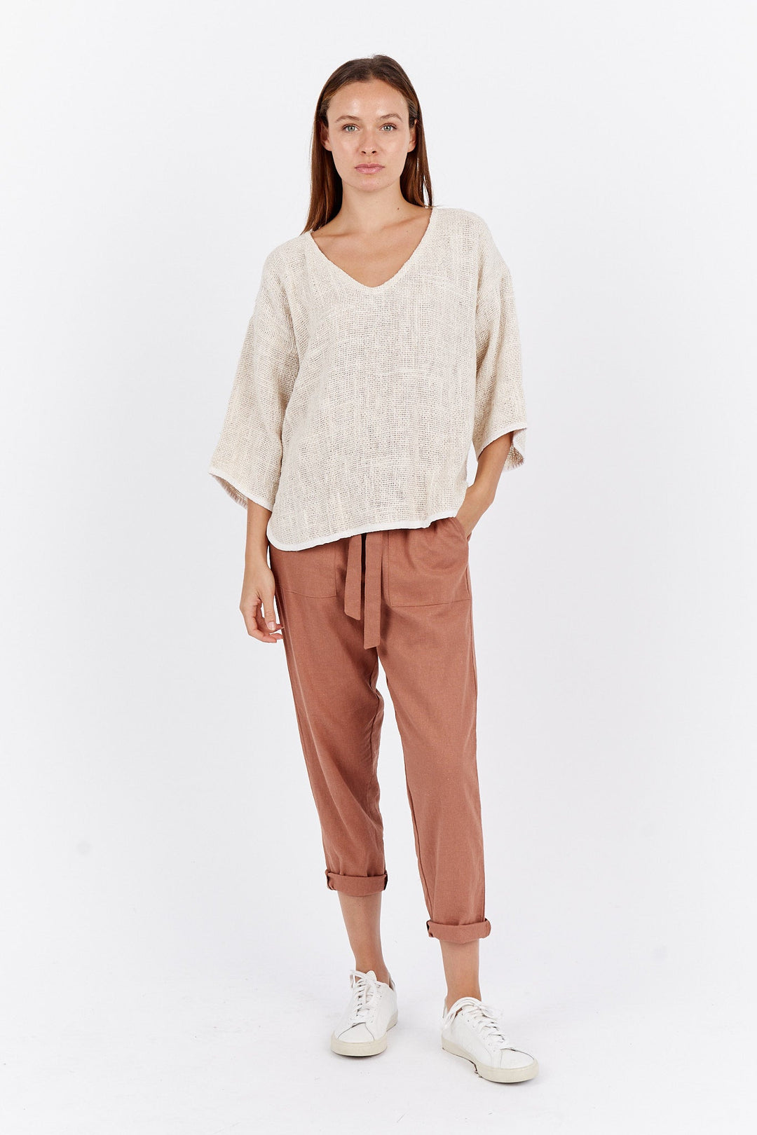 Carbon Aroma Cotton Hessian 3/4 Sleeve V Neck Top - Natural
