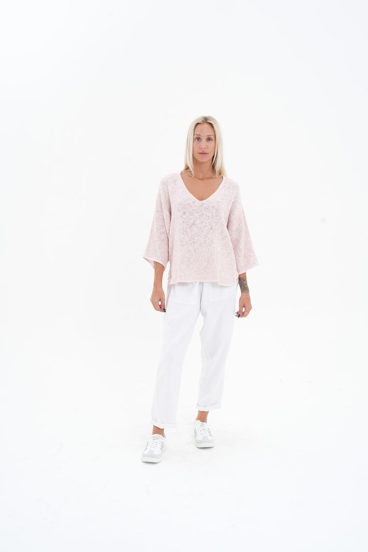 Carbon Aroma Cotton Hessian 3/4 Sleeve V Neck Top - Soft Pink