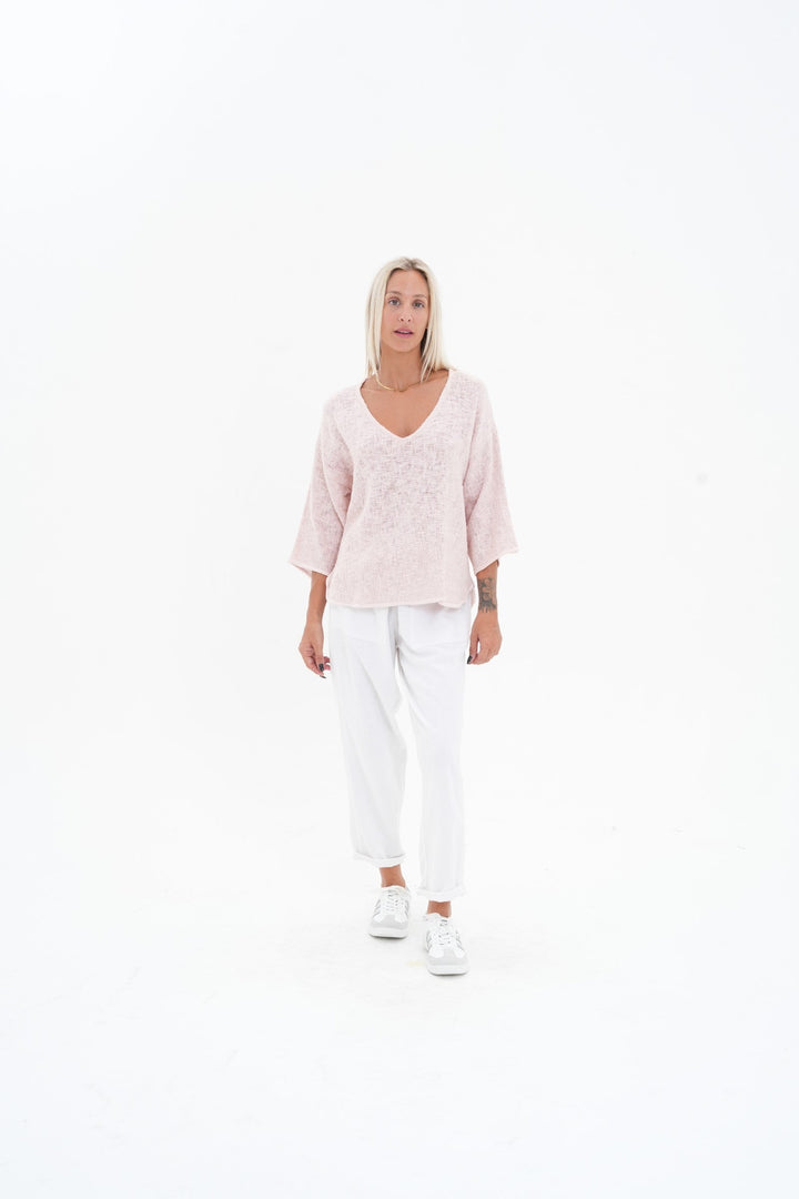 Carbon Aroma Cotton Hessian 3/4 Sleeve V Neck Top - Soft Pink