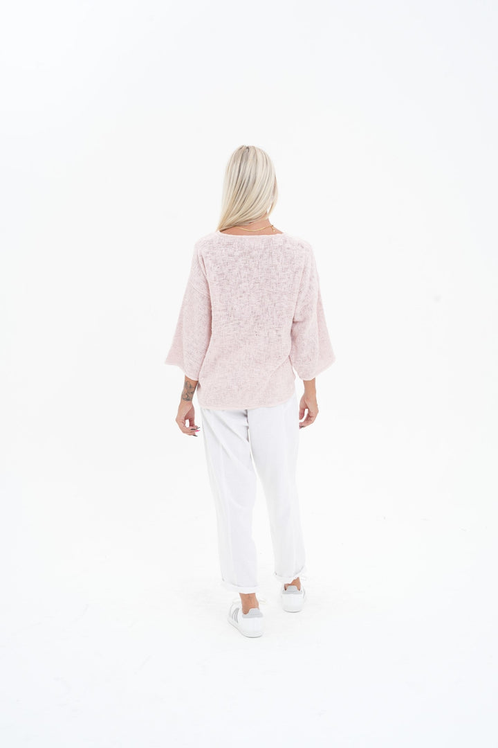 Carbon Aroma Cotton Hessian 3/4 Sleeve V Neck Top - Soft Pink