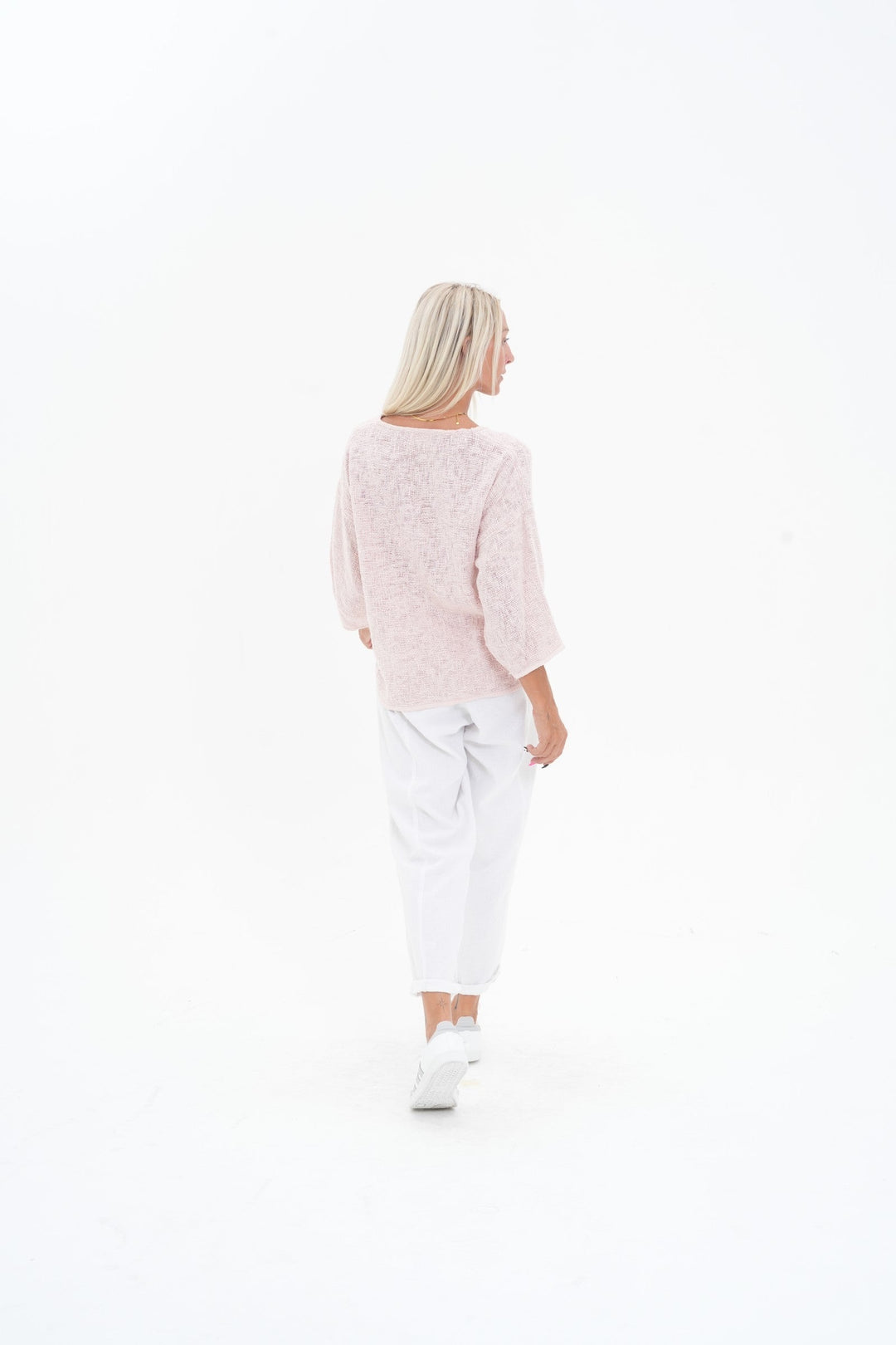 Carbon Aroma Cotton Hessian 3/4 Sleeve V Neck Top - Soft Pink